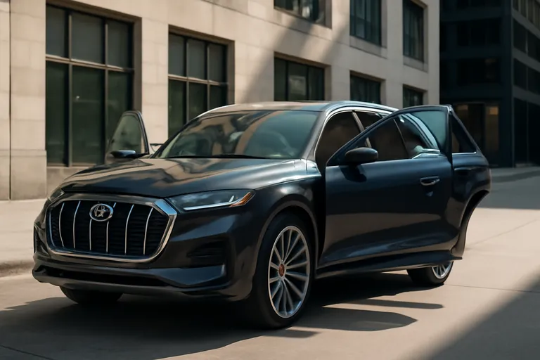 Audi Q9 на фоне города, освещенный солнцем, с открытыми дверями