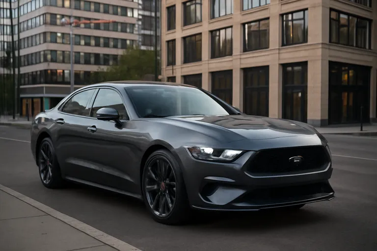 Четырехдверный Ford Mustang в красивом городском окружении