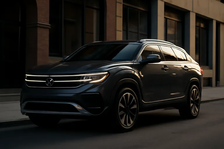 Обновленный Volkswagen Atlas Cross Sport на фоне городского пейзажа