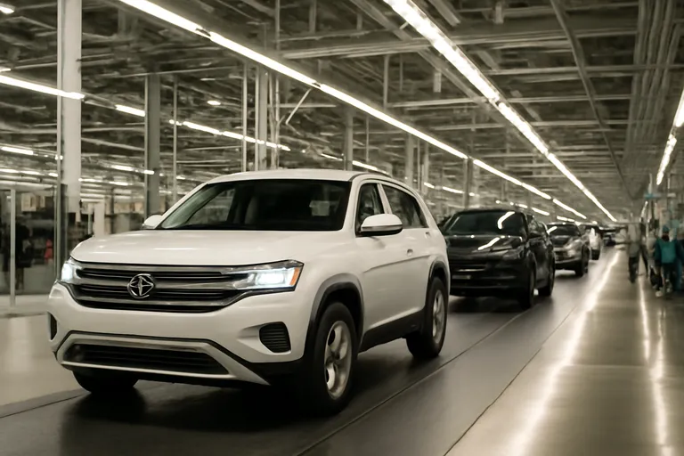 Производственный завод Volkswagen в США с автомобилями на площадке