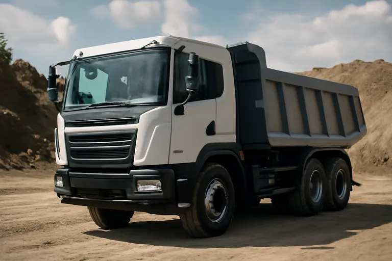 Электрический самосвал AMBERTRUCK EV75 на фоне строительного площадки
