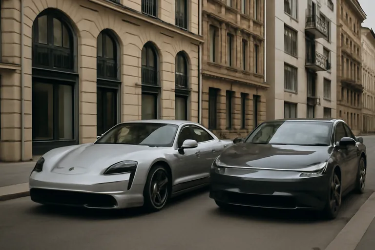 Автомобили Porsche и Xpeng на фоне европейского города