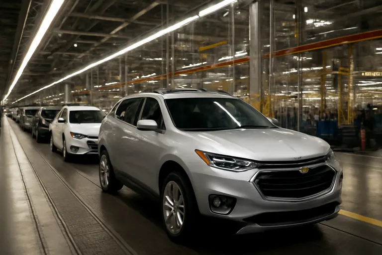 На фоне производственного завода Chevrolet видно, как автомобили стоят на конвейере.