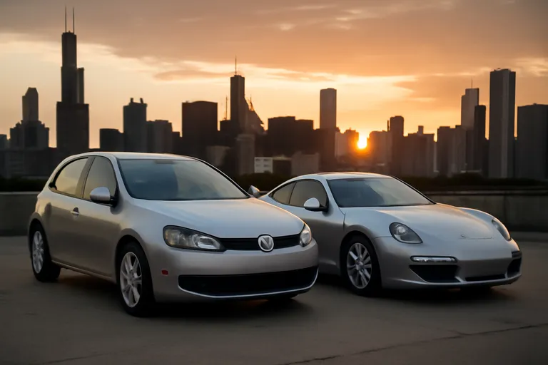 Автомобили Volkswagen и Porsche на фоне города