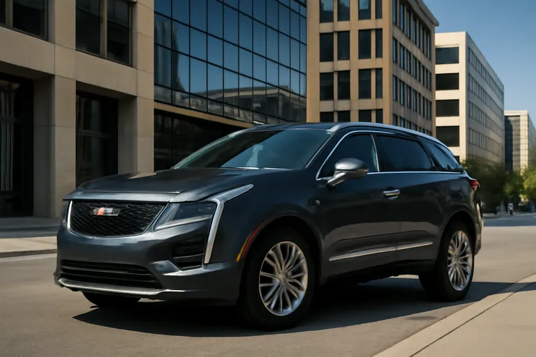 Новый Cadillac XT5 PHEV на фоне городского пейзажа