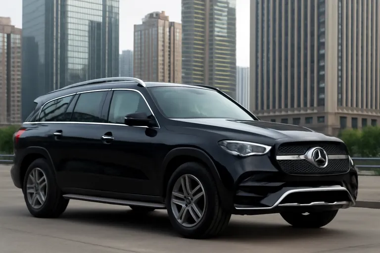 Удлиненный Mercedes-Benz GLE L на фоне городского пейзажа в Китае