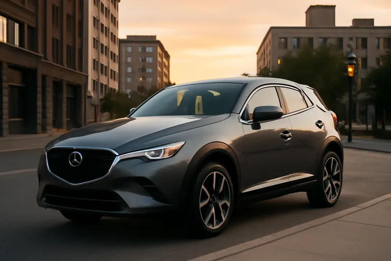 Изображение нового кроссовера Mazda CX-3 на фоне городского пейзажа.