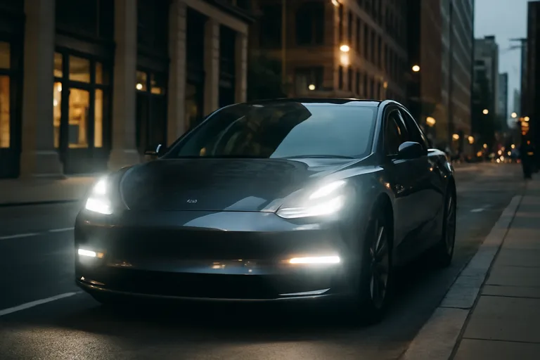 Изображение автомобиля Tesla на фоне городского пейзажа