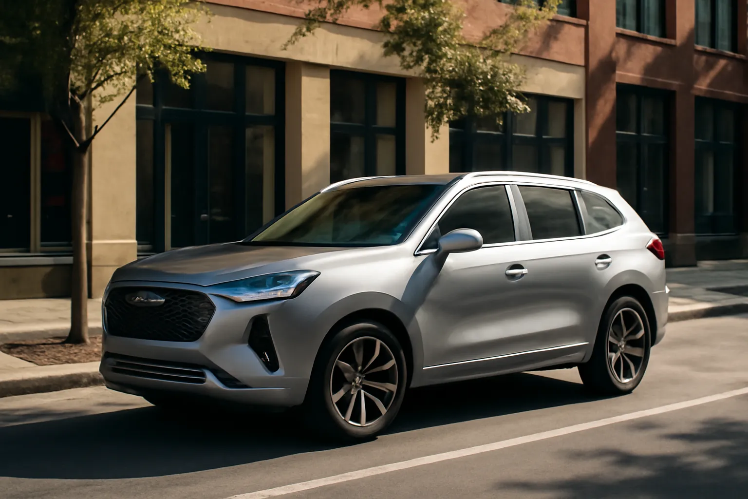 Haval Jolion на фоне городской улицы, демонстрирующий стильный дизайн и комфорт