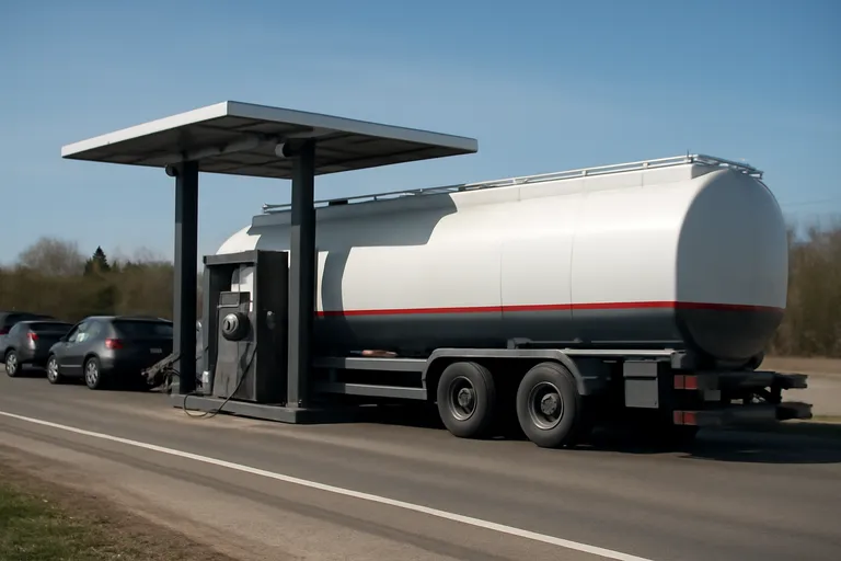 Передвижная газовая заправка на фоне дороги и автомобилей.