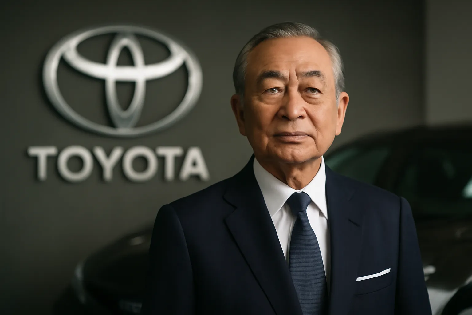 Хироши Окуда на фоне логотипа Toyota