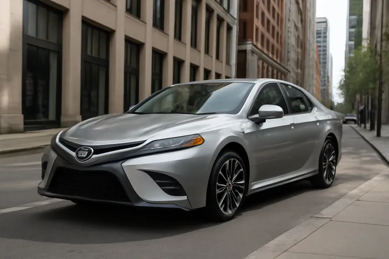 Сцена с автомобилем Toyota Camry на фоне городского пейзажа при дневном свете.