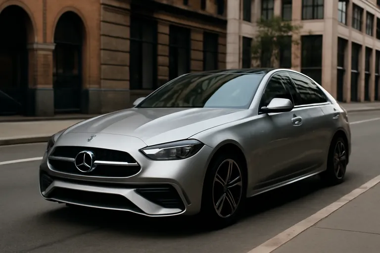 Обновленный Mercedes-Benz C-Class на фоне городской улицы.