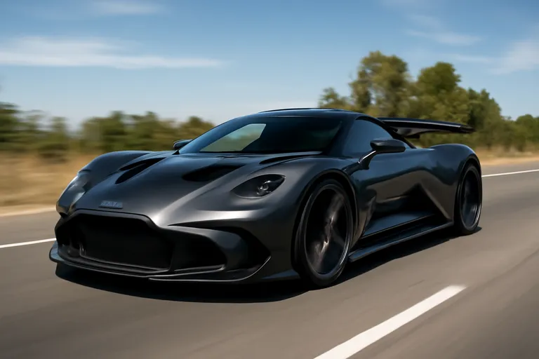 Aston Martin Valen в динамике на дороге, под ярким солнечным светом