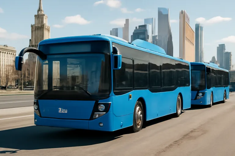 Новые автобусы КАМАЗ на фоне городской инфраструктуры Москвы