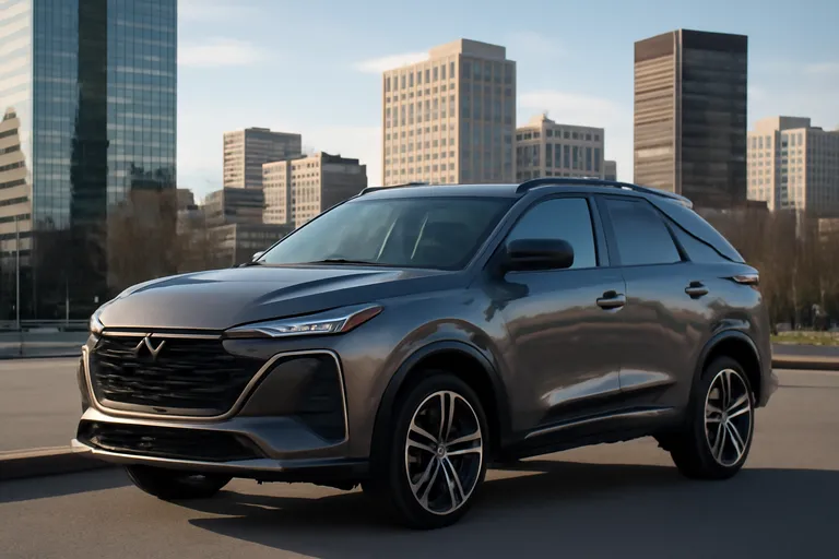 Кроссовер Changan CS55 Plus на фоне городского пейзажа.