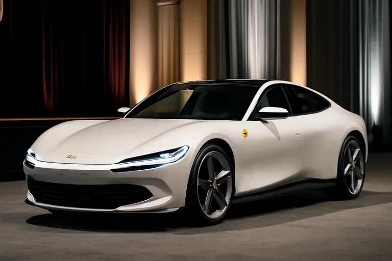 Первый электромобиль Ferrari Luce на фоне автосалона