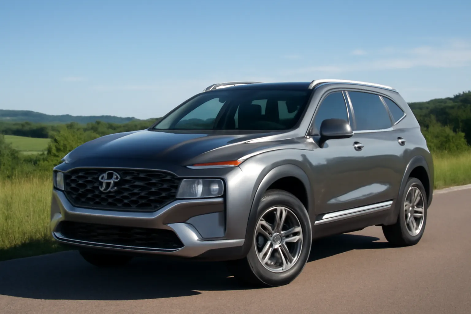 Кроссовер Hyundai Santa Fe на фоне дороги, символизирующий надежность и долговечность.