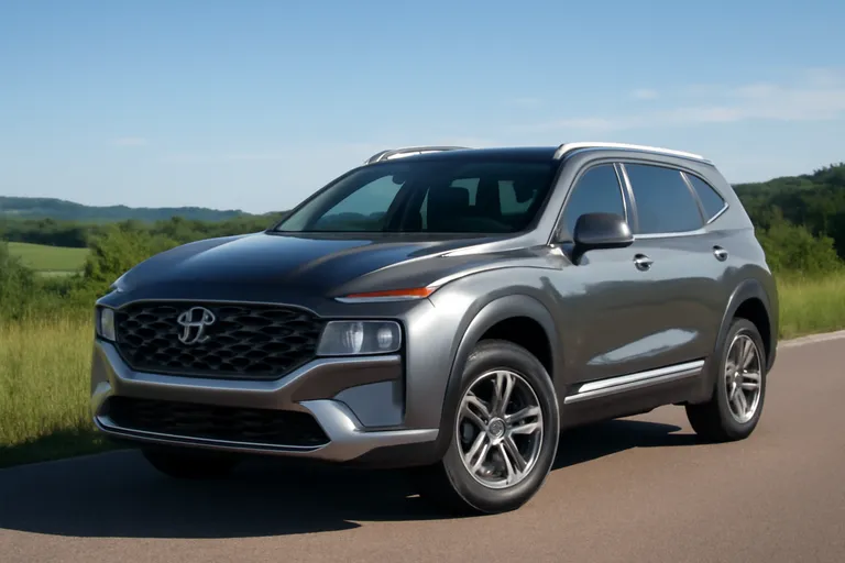 Кроссовер Hyundai Santa Fe на фоне дороги, символизирующий надежность и долговечность.