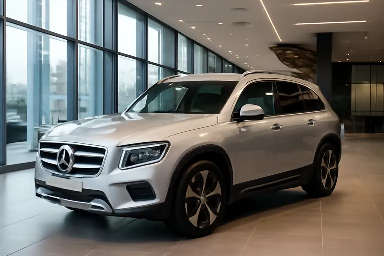 Гибридный Mercedes GLB 200 на фоне московского автосалона