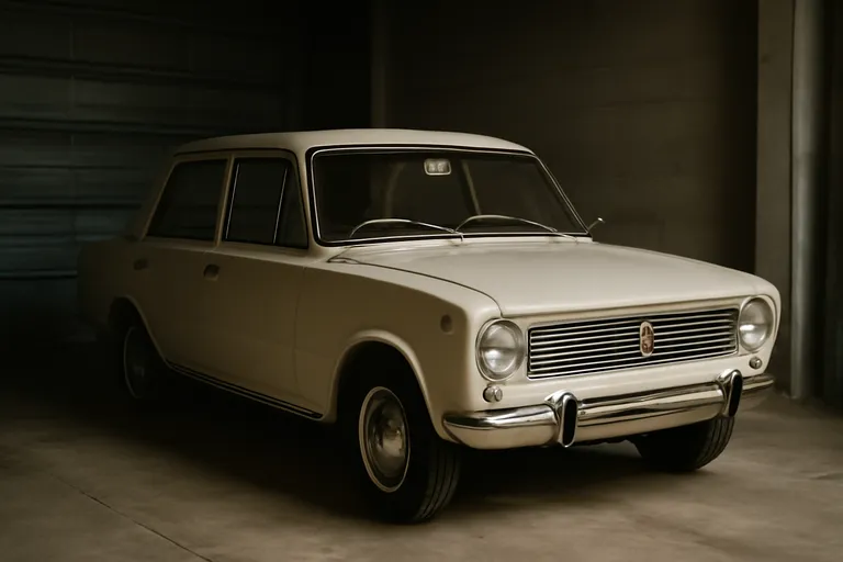 ВАЗ-2101 на фоне гаража, отражающий эпоху советского автопрома