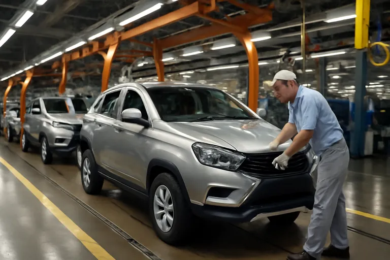 Сборочный конвейер на заводе АВТОВАЗа с автомобилями на финальной стадии сборки.