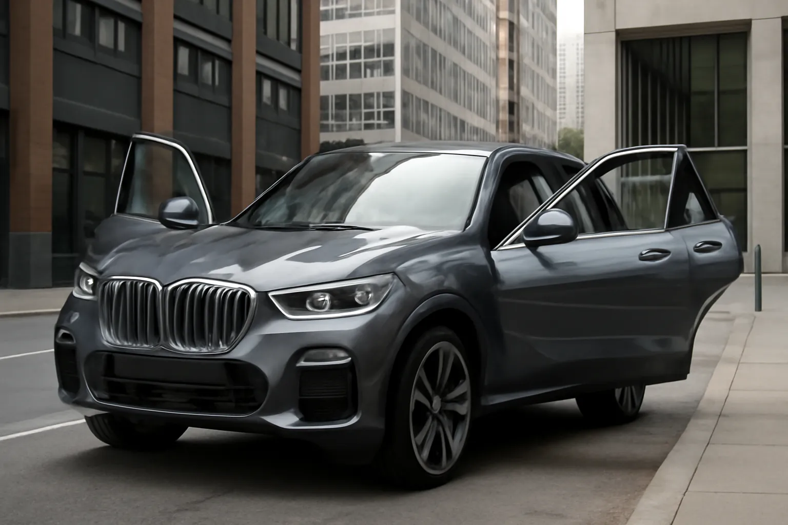 Новый BMW X5 с открытыми дверями на фоне городского пейзажа