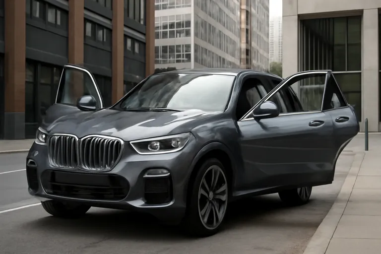 Новый BMW X5 с открытыми дверями на фоне городского пейзажа