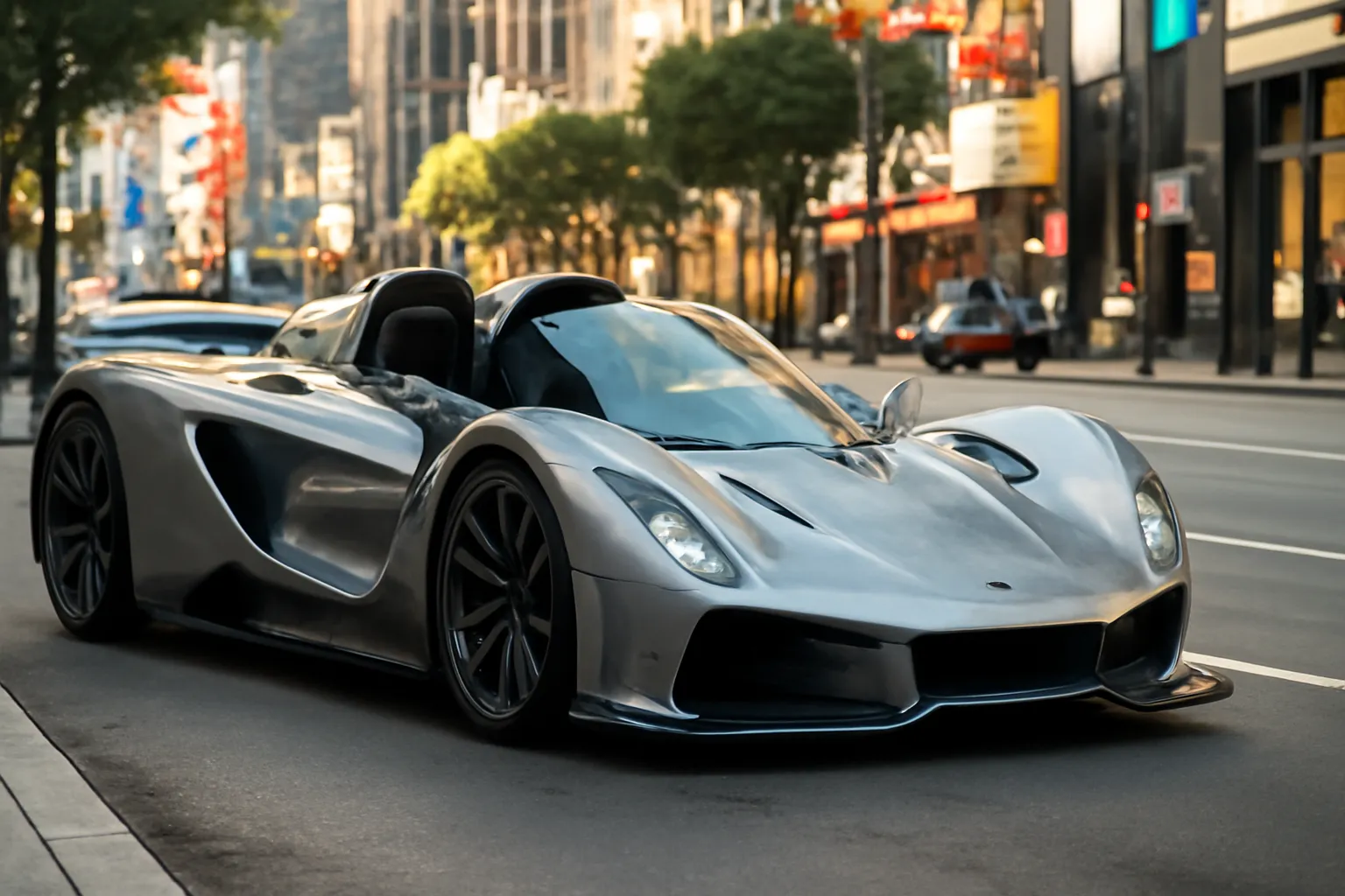 Czinger 21C Spyder на фоне городского пейзажа, яркое освещение, акцент на детали кузова