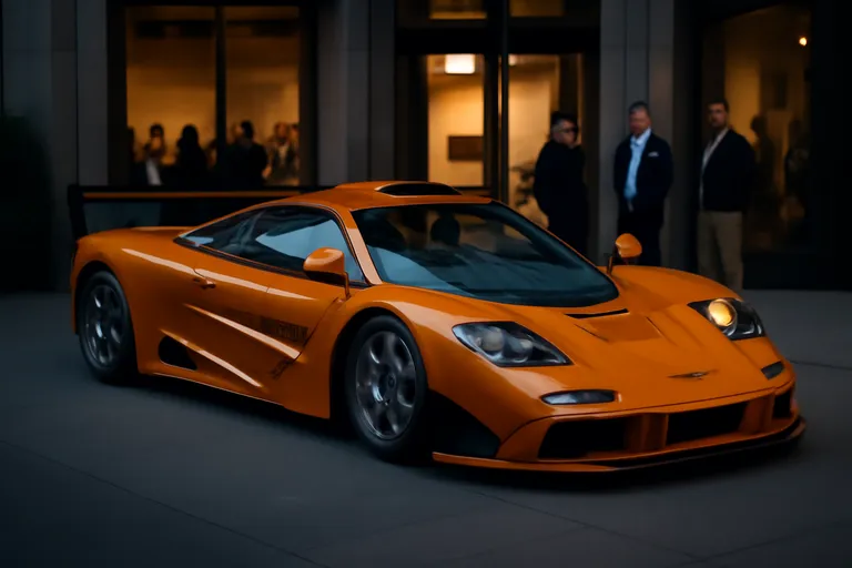 Изображение McLaren F1 GTR на фоне аукционного дома, символизирующее рекордную продажу.