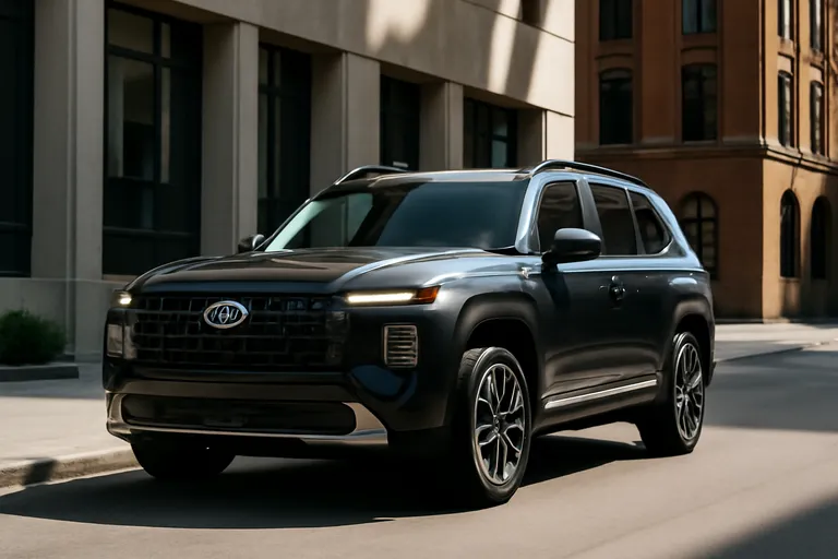 Новый Hyundai Santa Fe на фоне городского пейзажа.