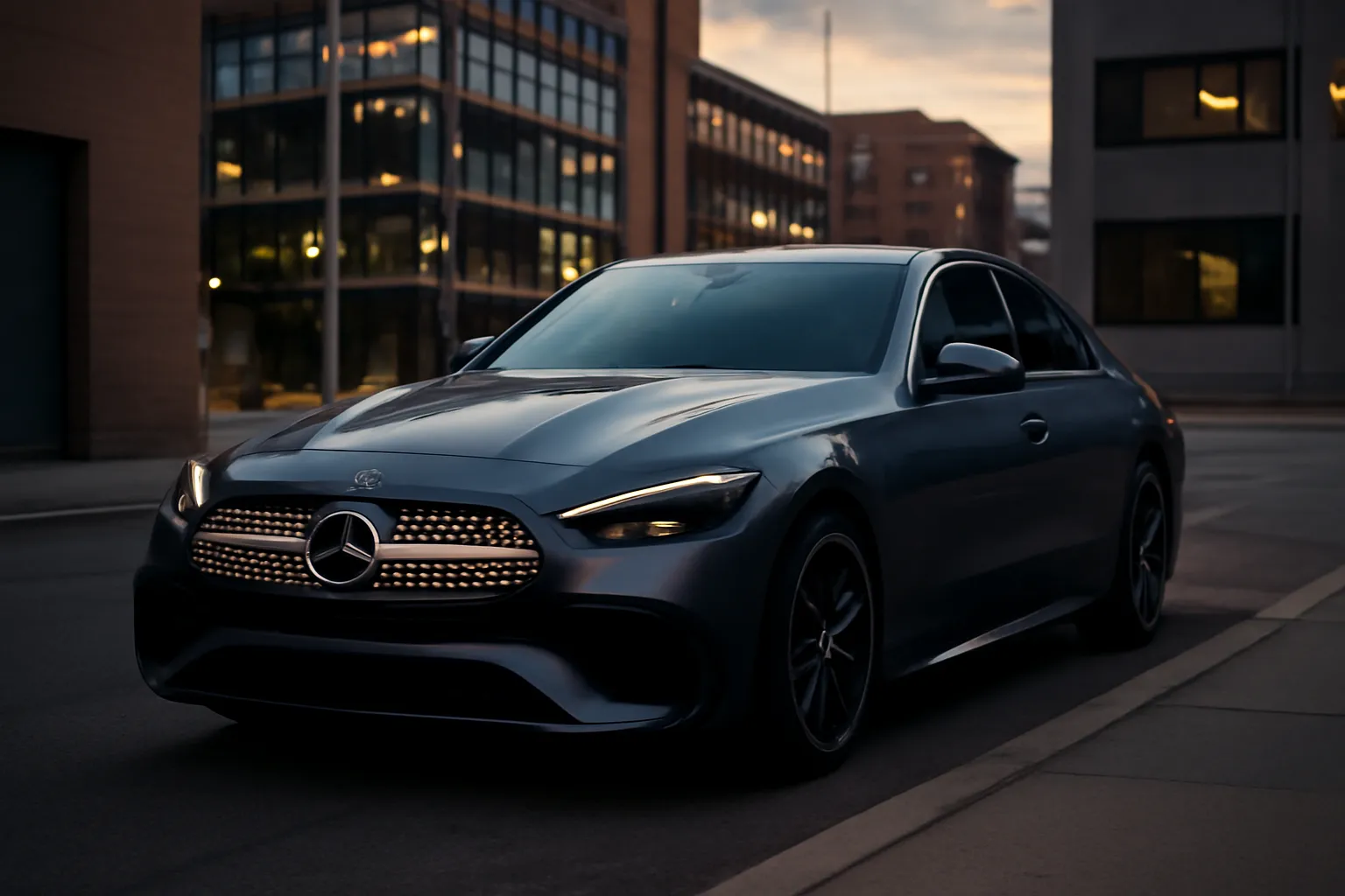 Обновленный Mercedes C-Class с светящейся решеткой на фоне города