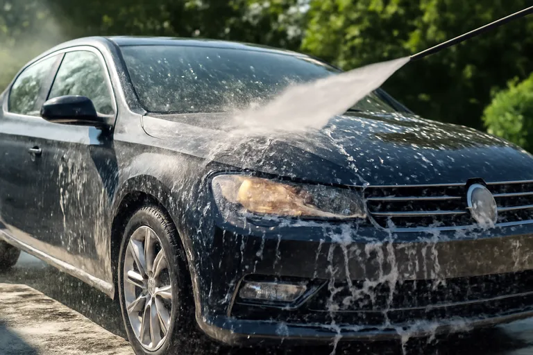Автомобиль на мойке после отпуска, очищающийся от пыли и грязи.