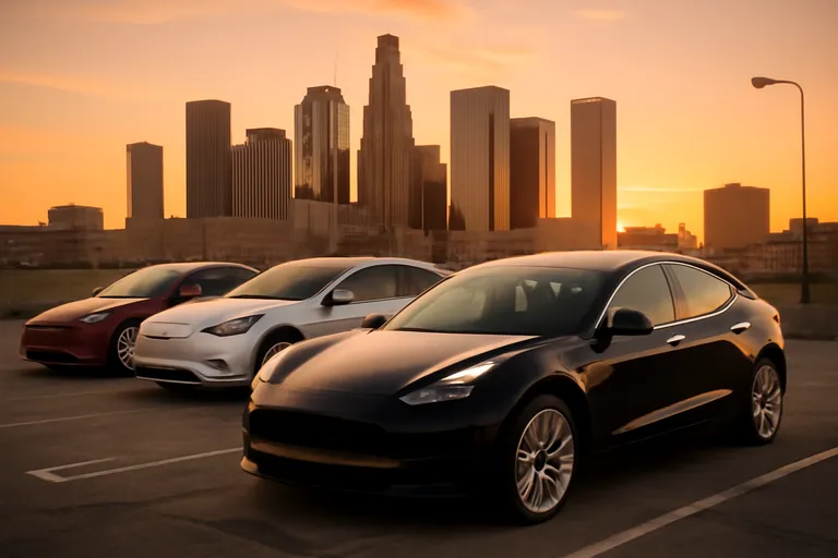 Автомобили Tesla на фоне городского пейзажа