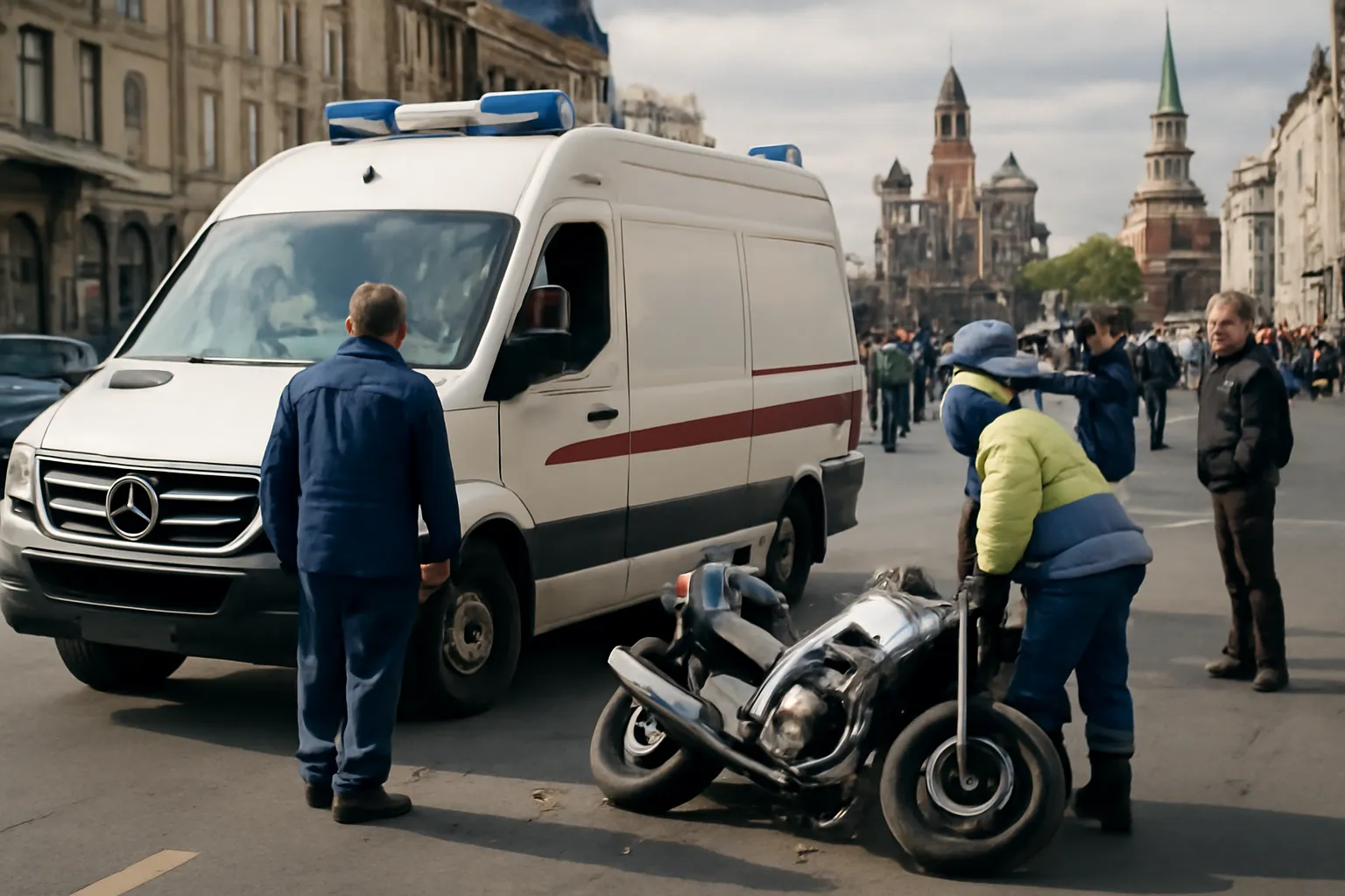 Место ДТП в центре Москвы, где произошла авария с участием мотоцикла и скорой помощи.