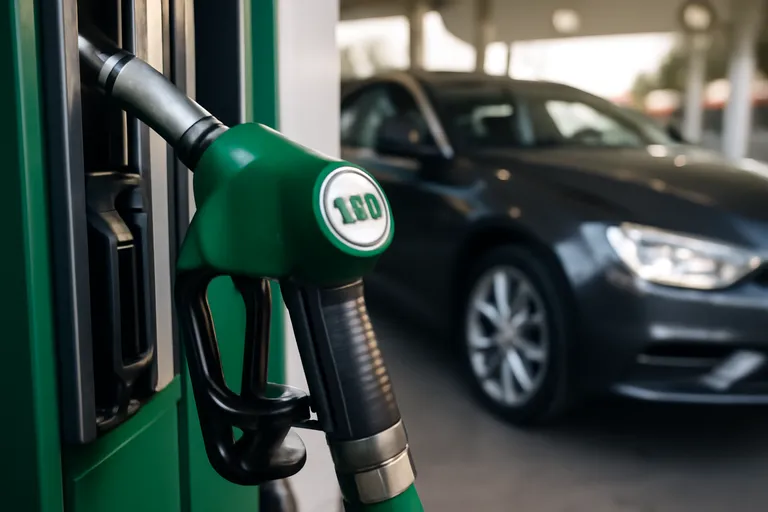 Изображение бензоколонки с 100-м бензином на фоне автомобиля