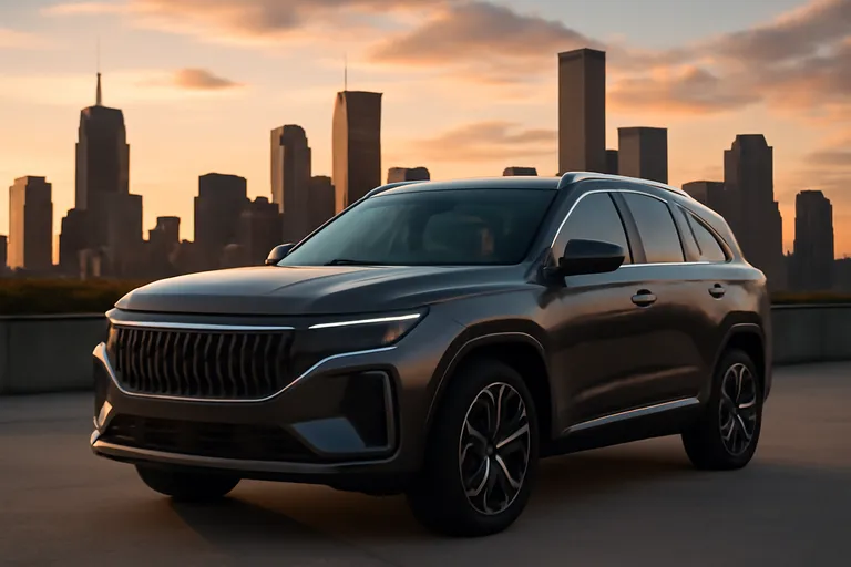 Кроссовер Geely Monjaro на фоне городского пейзажа