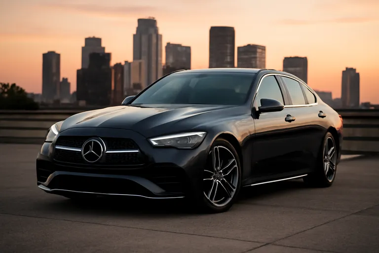 Обновленный Mercedes-Benz C-Class на фоне городского пейзажа.