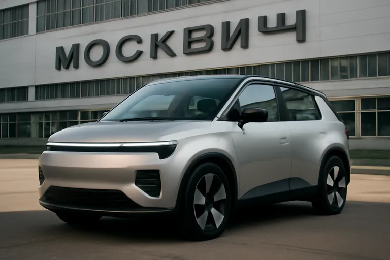 Электромобиль Атом на фоне завода "Москвич", где он производится.