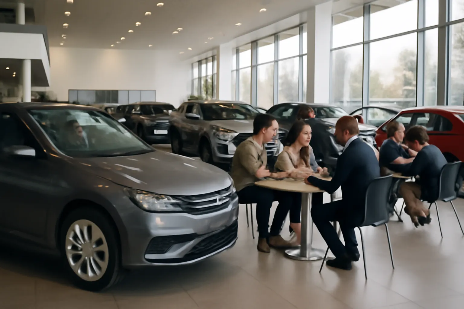 Сцена автосалона с выставленными автомобилями и клиентами, обсуждающими автокредиты.