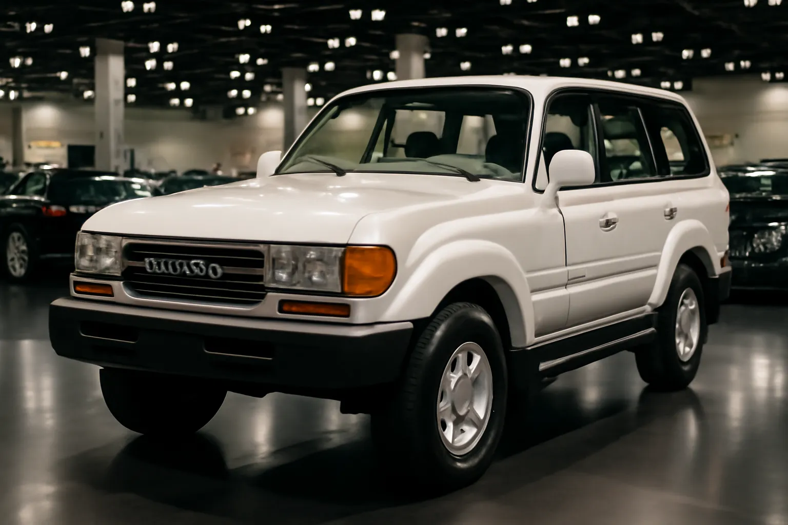Toyota Land Cruiser J80 на выставке, окруженный эксклюзивными автомобилями