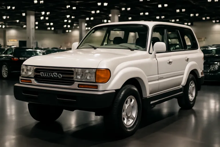 Toyota Land Cruiser J80 на выставке, окруженный эксклюзивными автомобилями