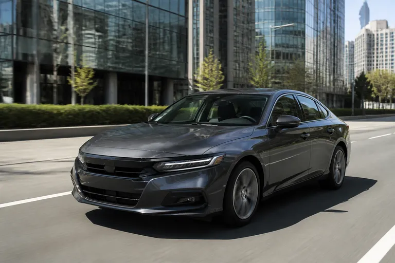 Honda Accord на городской дороге, снятый спереди под небольшим углом. Автомобиль выглядит как вариант для подбора и покупки под заказ.