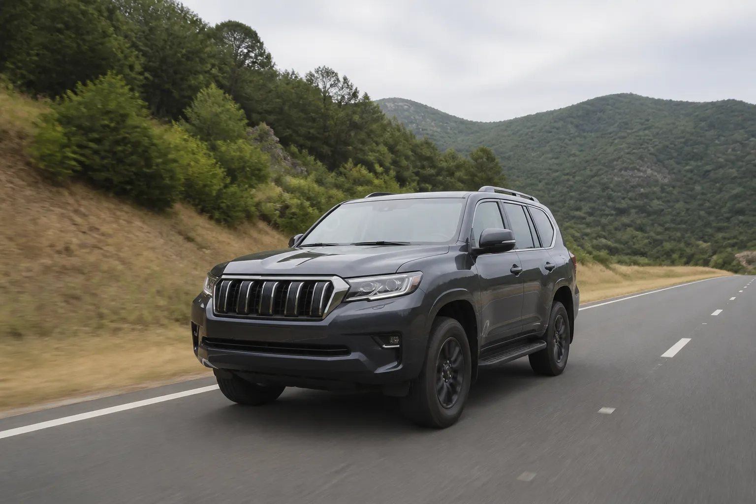 Toyota Prado на загородной дороге на фоне леса и гор. Автомобиль показан спереди под углом в естественном дневном свете.