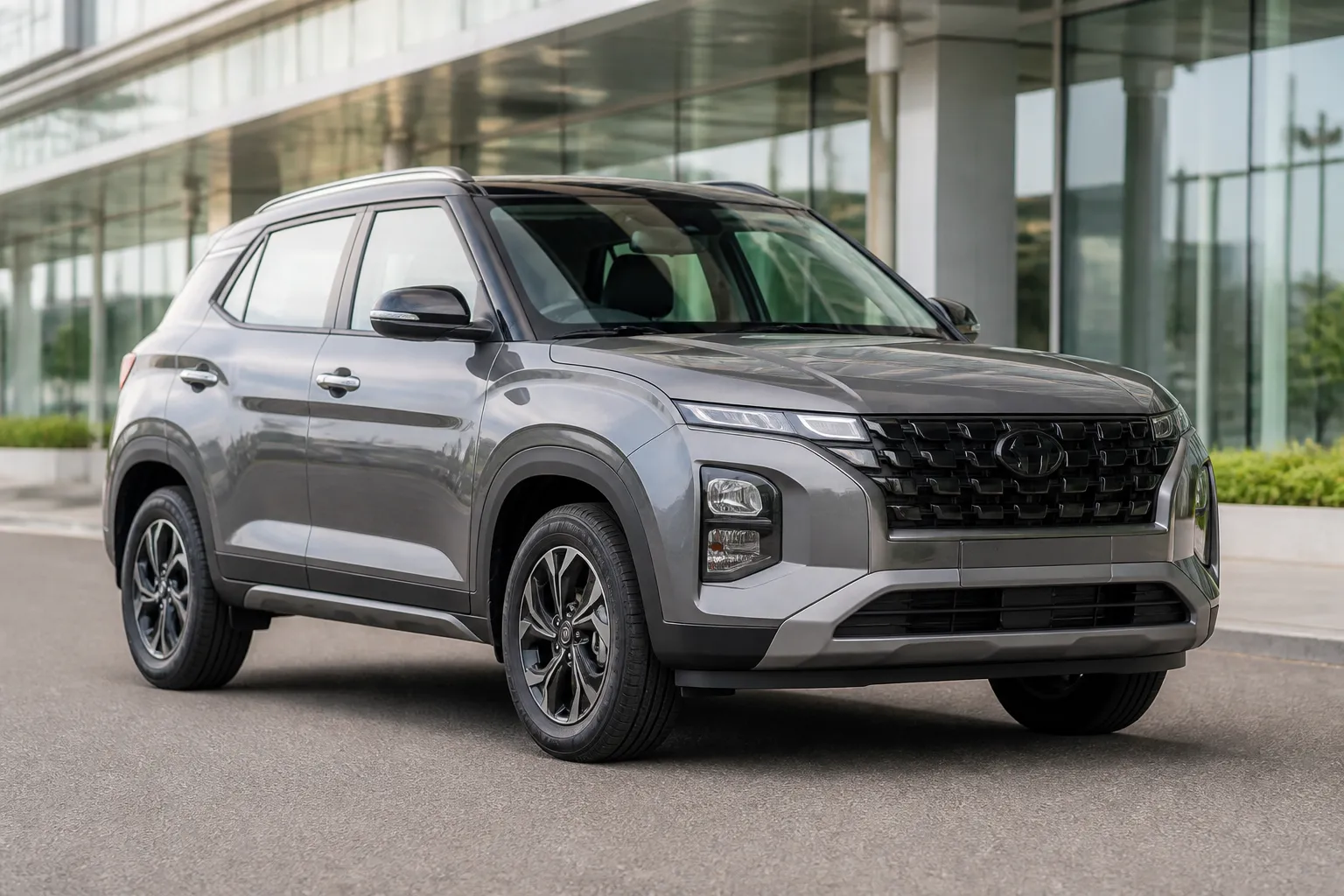 Hyundai Creta на городской дороге перед осмотром покупателем. На фоне виден современный город и нейтральная парковочная зона.