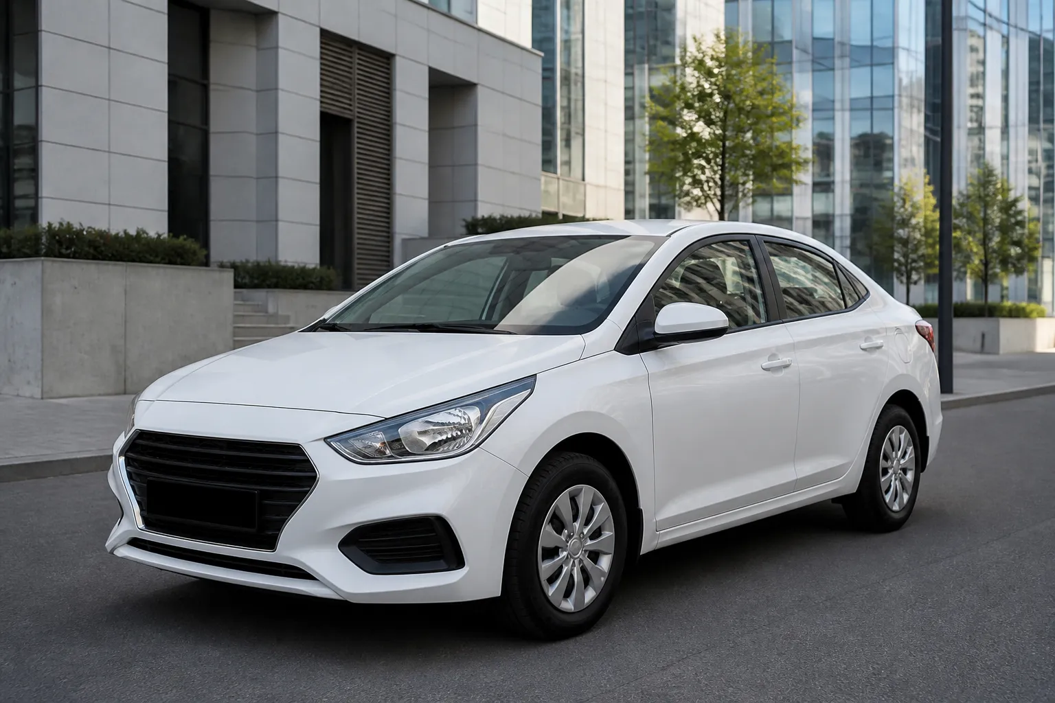Седан Hyundai Solaris на городской улице перед осмотром перед покупкой. Рядом видны дорога и нейтральный городской фон без логотипов и текста.