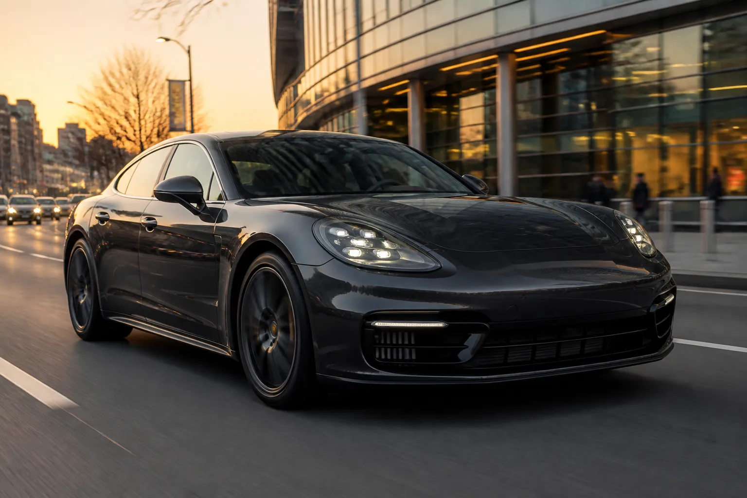 Porsche Panamera на городской дороге в вечернем свете. Автомобиль снят спереди под углом, на фоне современного делового района.