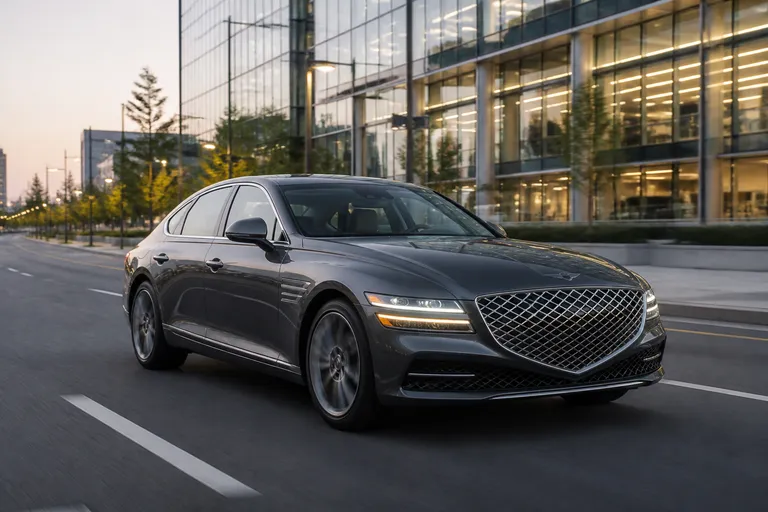 Genesis G80 на городской дороге в вечернем свете. Автомобиль показан спереди под углом, на фоне современного делового района.