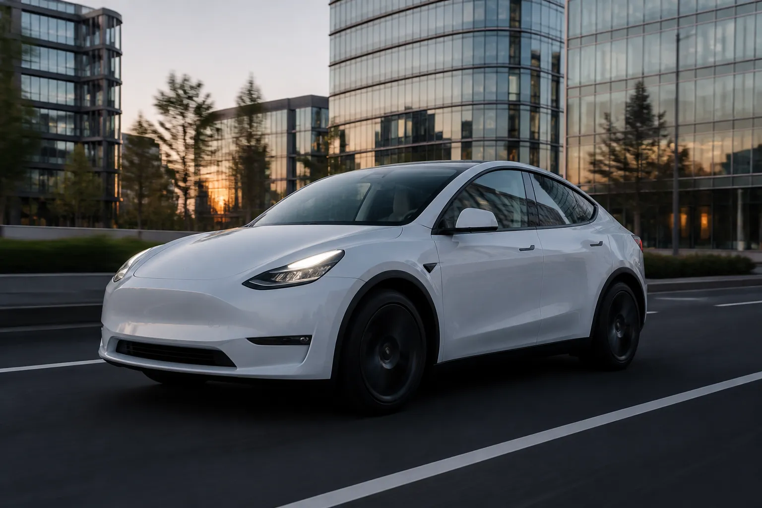 Tesla Model Y на городской дороге в вечернем свете. Автомобиль показан спереди сбоку, на фоне современного делового района.