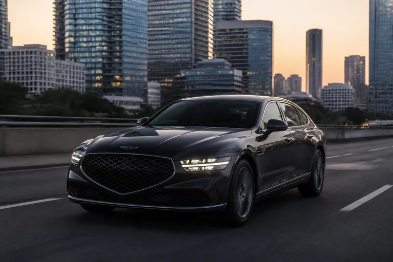 Hyundai Grandeur на городской дороге в вечернем свете. Автомобиль показан спереди сбоку, вокруг современная городская улица.